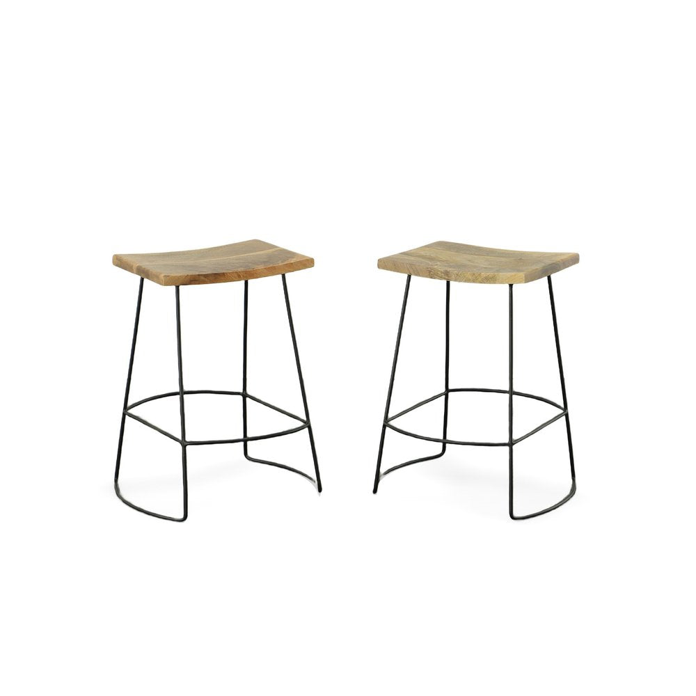 Set of Two 25 Natural and Black Solid Wood and Steel Backless Counter Height Bar Chairs