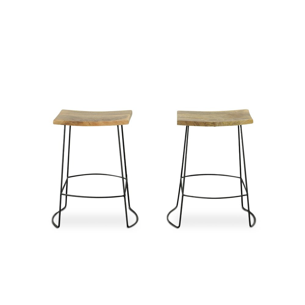 Set of Two 25 Natural and Black Solid Wood and Steel Backless Counter Height Bar Chairs