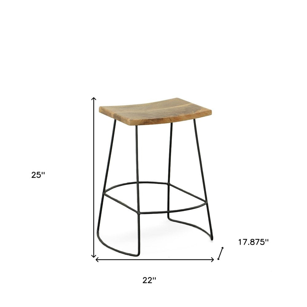 Set of Two 25 Natural and Black Solid Wood and Steel Backless Counter Height Bar Chairs