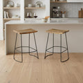 Set of Two 25 Natural and Black Solid Wood and Steel Backless Counter Height Bar Chairs