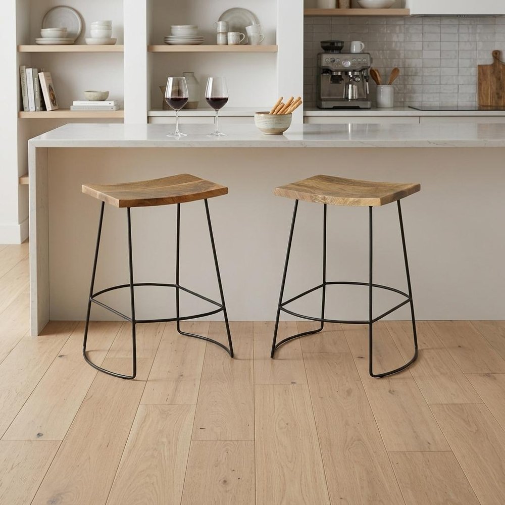 Set of Two 25 Natural and Black Solid Wood and Steel Backless Counter Height Bar Chairs