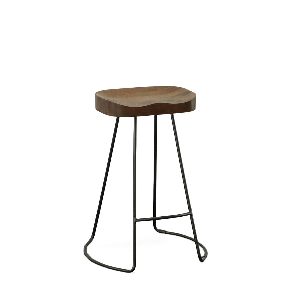 Set of Two 25 Chestnut and Black Solid Wood and Steel Backless Counter Height Bar Chairs