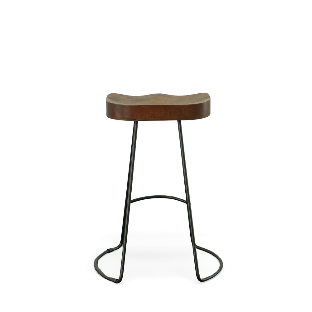 Set of Two 25 Chestnut and Black Solid Wood and Steel Backless Counter Height Bar Chairs