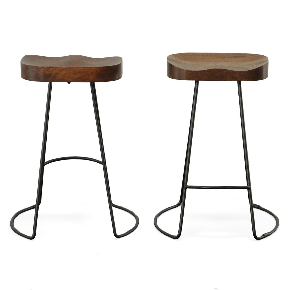 Set of Two 25 Chestnut and Black Solid Wood and Steel Backless Counter Height Bar Chairs