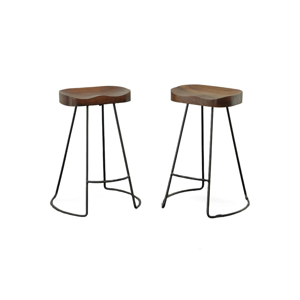 Set of Two 25 Chestnut and Black Solid Wood and Steel Backless Counter Height Bar Chairs