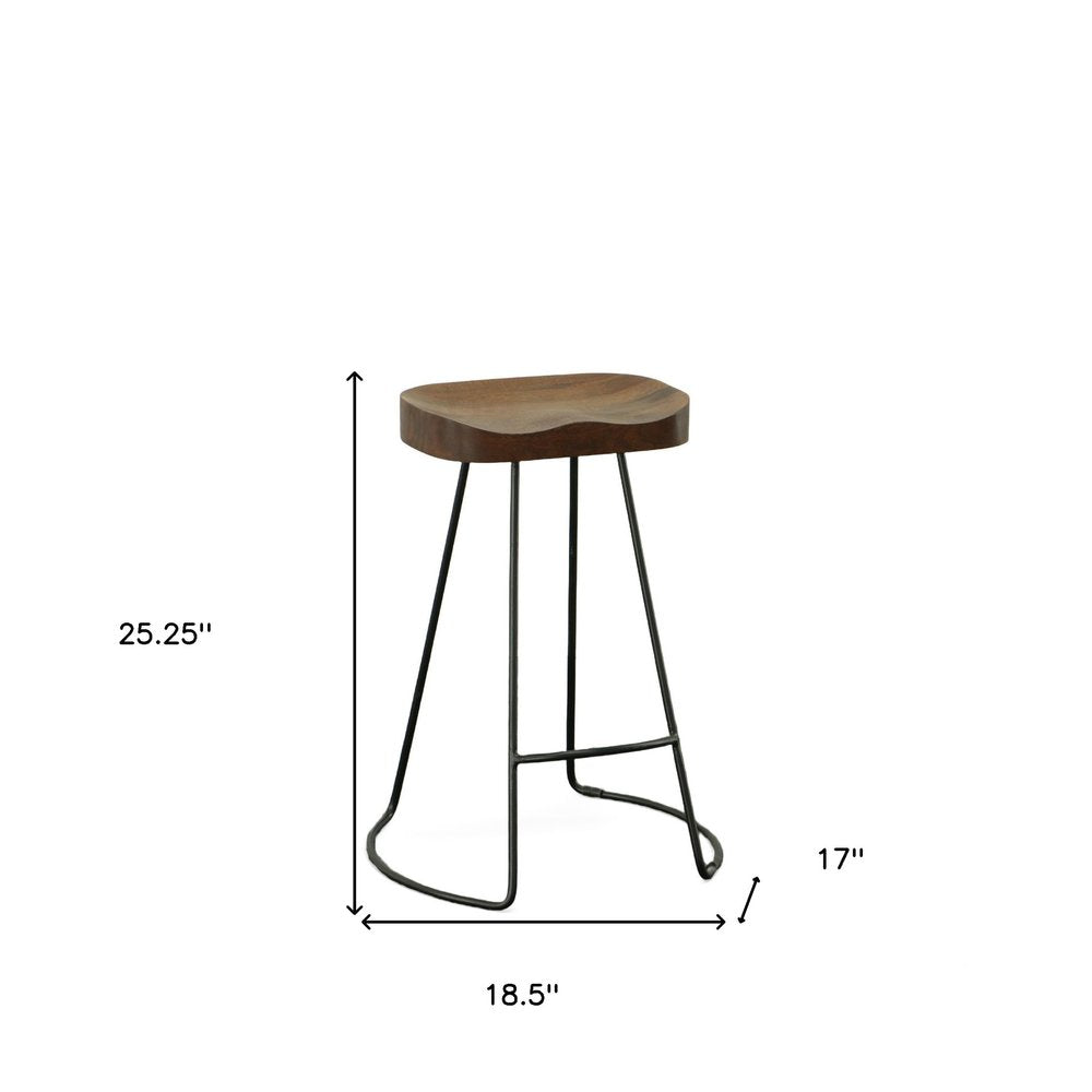 Set of Two 25 Chestnut and Black Solid Wood and Steel Backless Counter Height Bar Chairs