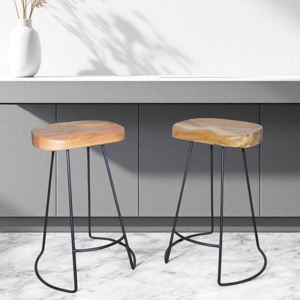 Set of Two 25 Natural and Black Solid Wood and Steel Backless Counter Height Bar Chairs