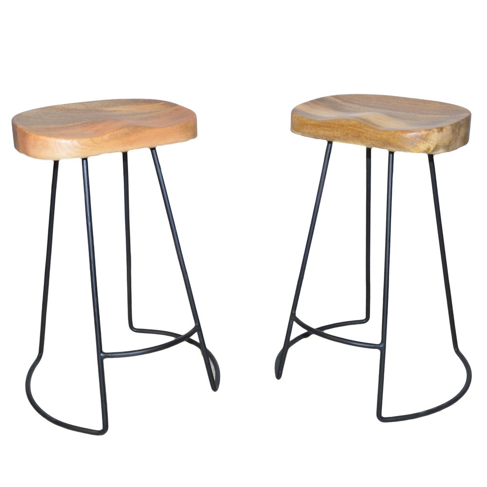 Set of Two 25 Natural and Black Solid Wood and Steel Backless Counter Height Bar Chairs