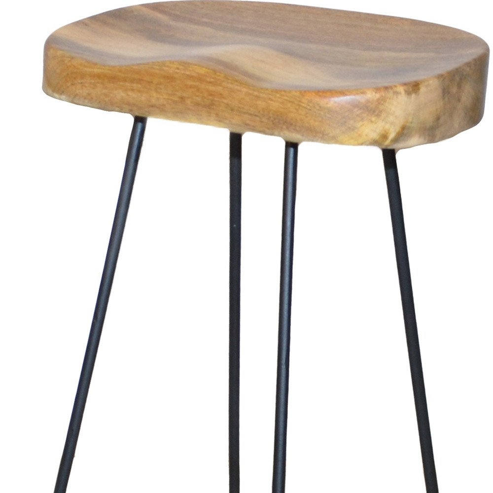 Set of Two 25 Natural and Black Solid Wood and Steel Backless Counter Height Bar Chairs
