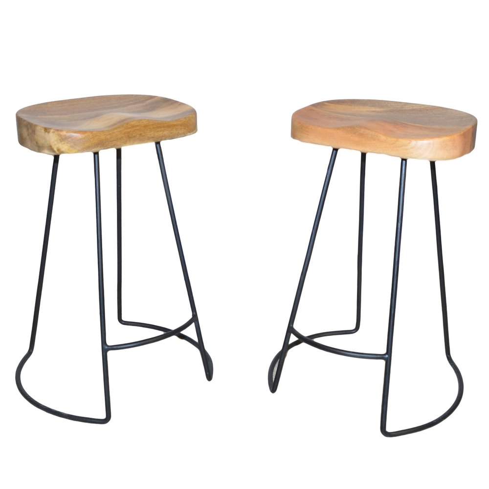 Set of Two 25 Natural and Black Solid Wood and Steel Backless Counter Height Bar Chairs