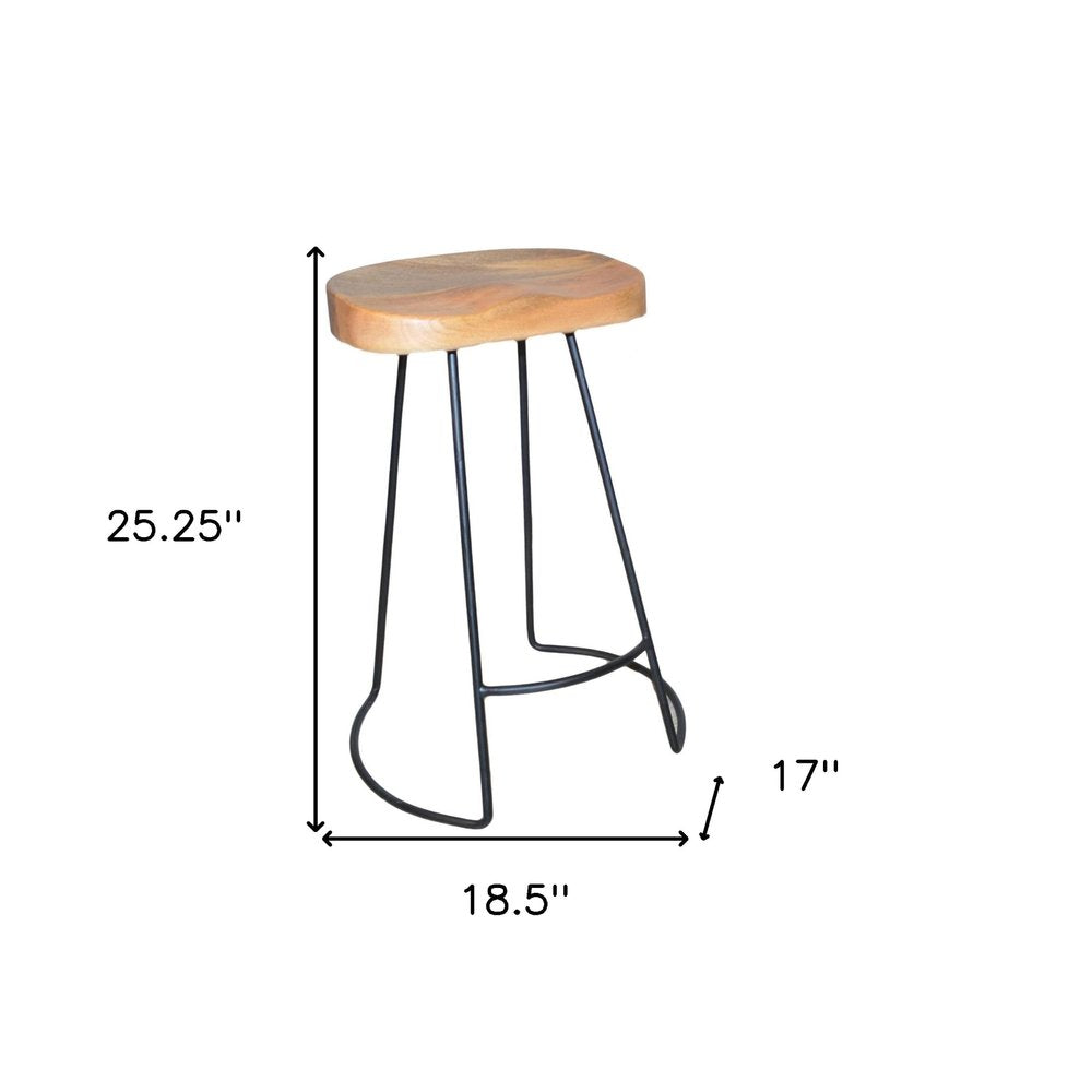 Set of Two 25 Natural and Black Solid Wood and Steel Backless Counter Height Bar Chairs