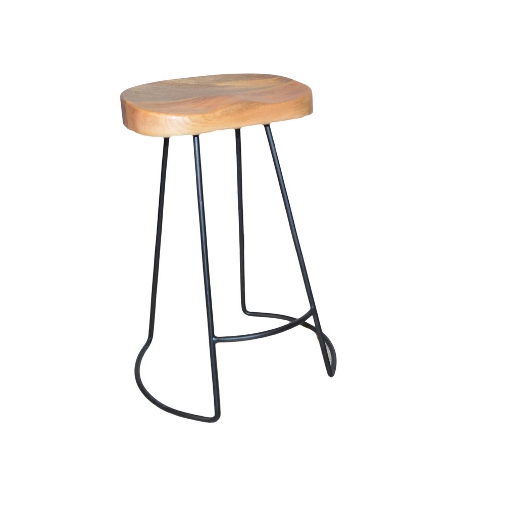 Set of Two 25 Natural and Black Solid Wood and Steel Backless Counter Height Bar Chairs