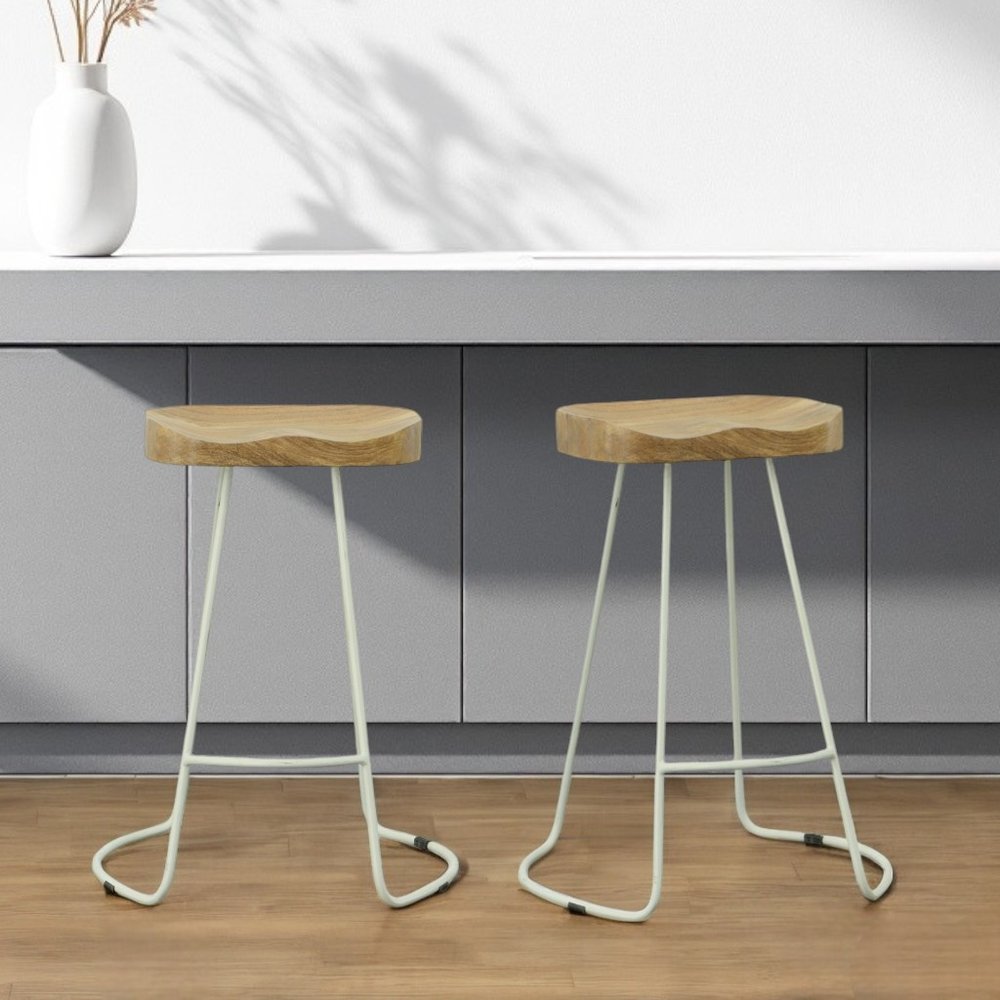 Set of Two 25 Natural and White Solid Wood and Steel Backless Counter Height Bar Chairs