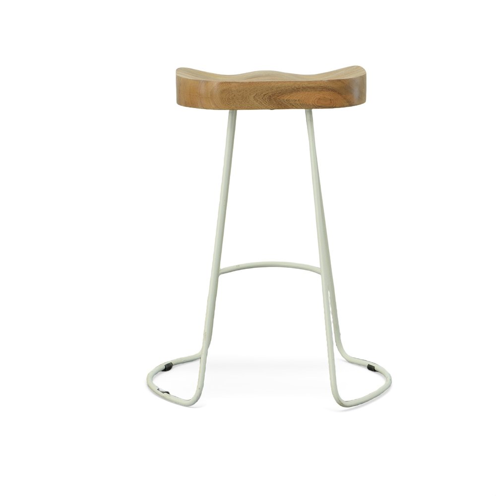 Set of Two 25 Natural and White Solid Wood and Steel Backless Counter Height Bar Chairs