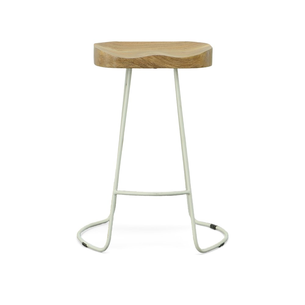 Set of Two 25 Natural and White Solid Wood and Steel Backless Counter Height Bar Chairs