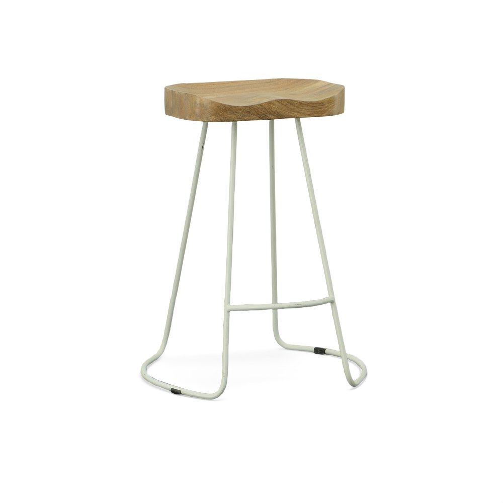 Set of Two 25 Natural and White Solid Wood and Steel Backless Counter Height Bar Chairs