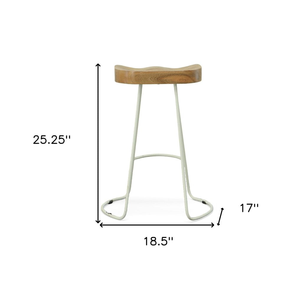 Set of Two 25 Natural and White Solid Wood and Steel Backless Counter Height Bar Chairs