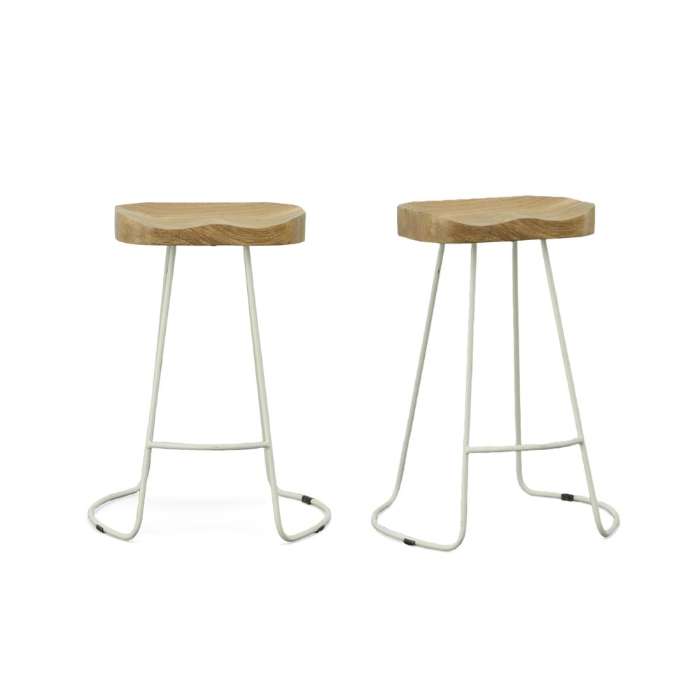 Set of Two 25 Natural and White Solid Wood and Steel Backless Counter Height Bar Chairs