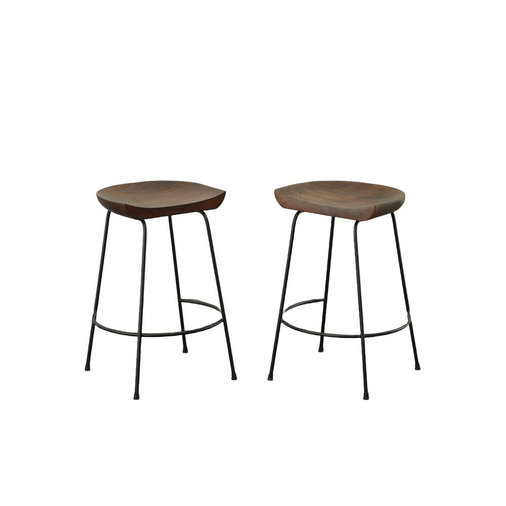 Set of Two 25 Chestnut and Black Solid Wood and Steel Backless Counter Height Bar Chairs