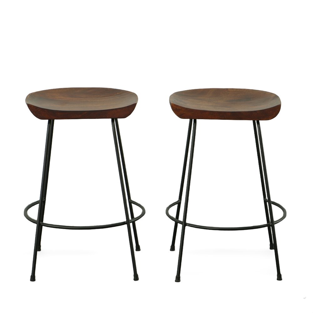 Set of Two 25 Chestnut and Black Solid Wood and Steel Backless Counter Height Bar Chairs
