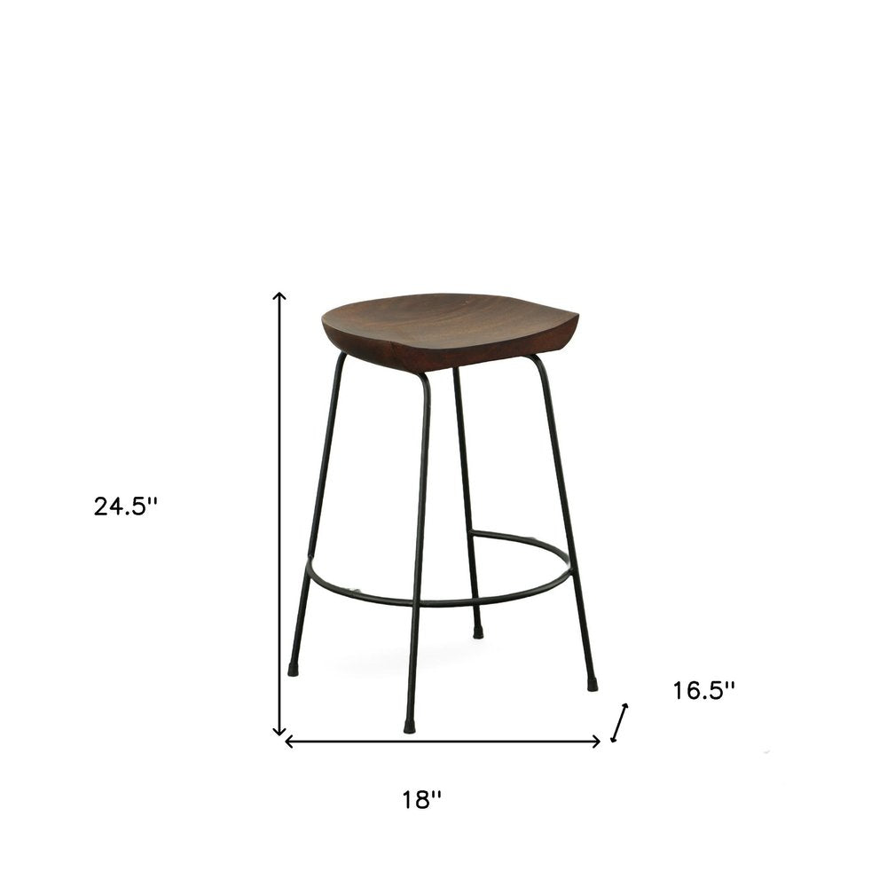 Set of Two 25 Chestnut and Black Solid Wood and Steel Backless Counter Height Bar Chairs