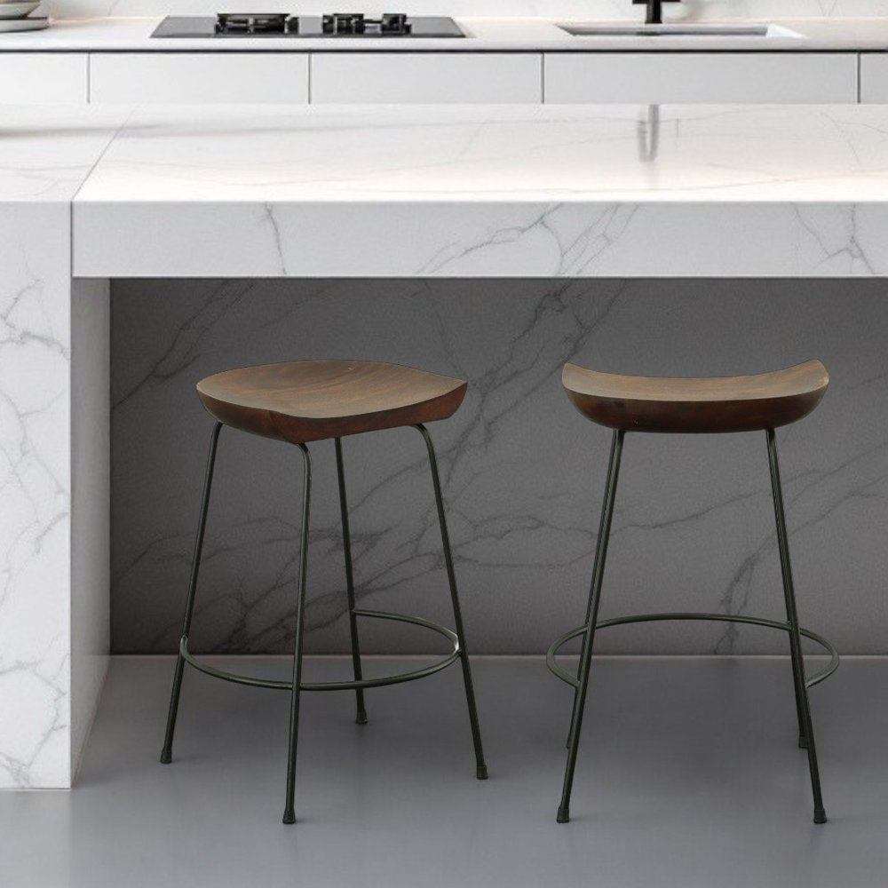 Set of Two 25 Chestnut and Black Solid Wood and Steel Backless Counter Height Bar Chairs