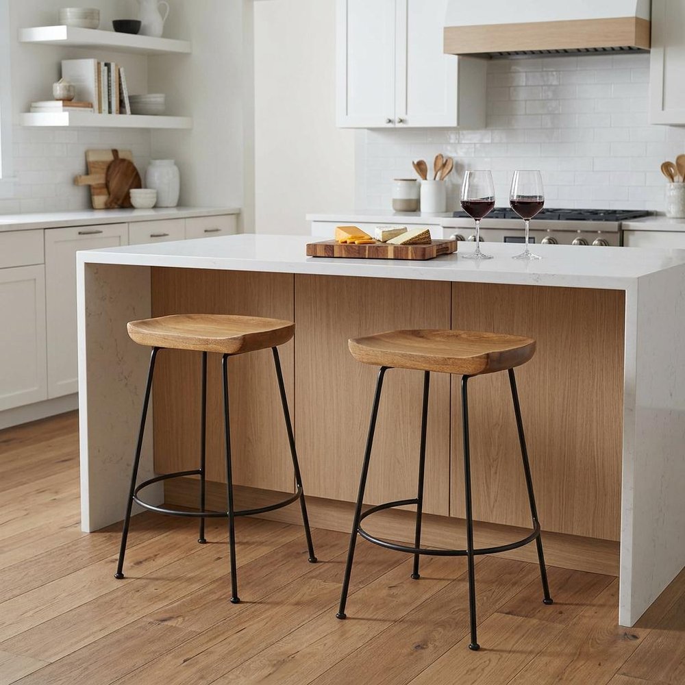 Set of Two 25 Natural and Black Solid Wood and Steel Backless Counter Height Bar Chairs