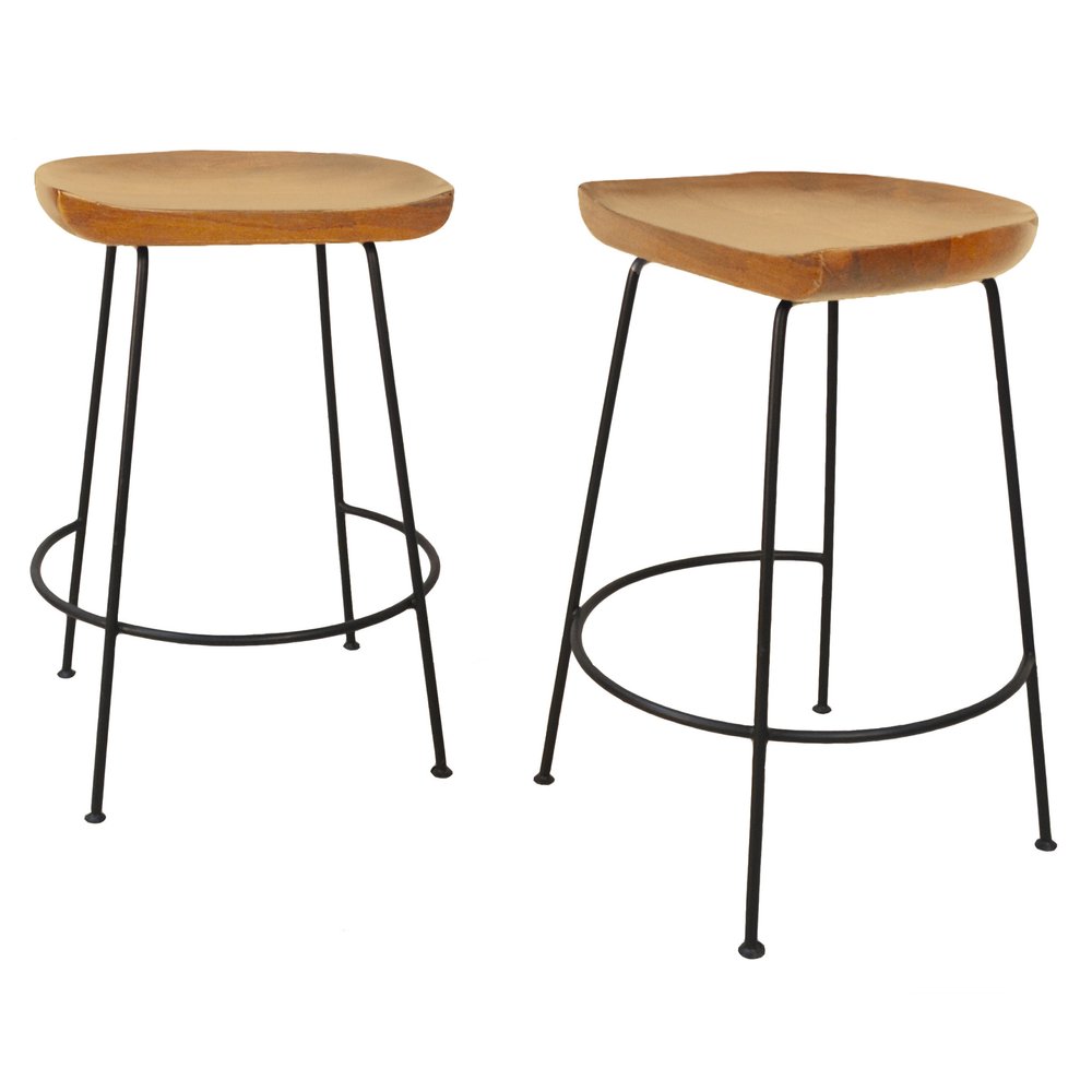 Set of Two 25 Natural and Black Solid Wood and Steel Backless Counter Height Bar Chairs