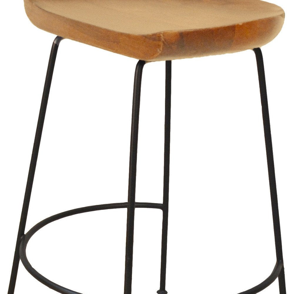 Set of Two 25 Natural and Black Solid Wood and Steel Backless Counter Height Bar Chairs
