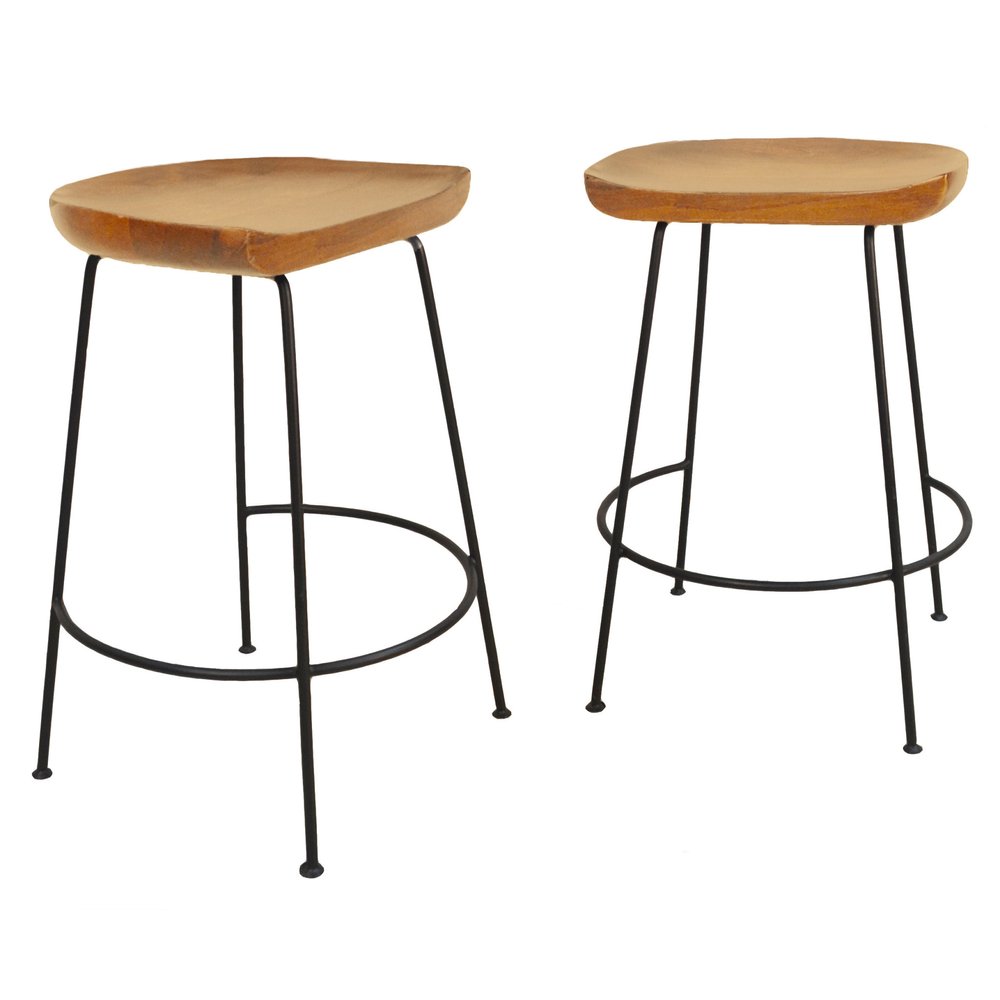 Set of Two 25 Natural and Black Solid Wood and Steel Backless Counter Height Bar Chairs