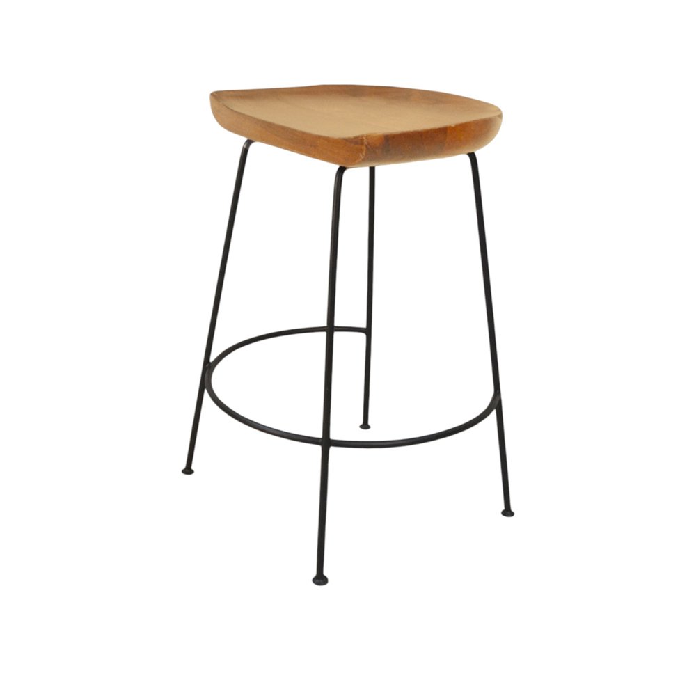 Set of Two 25 Natural and Black Solid Wood and Steel Backless Counter Height Bar Chairs
