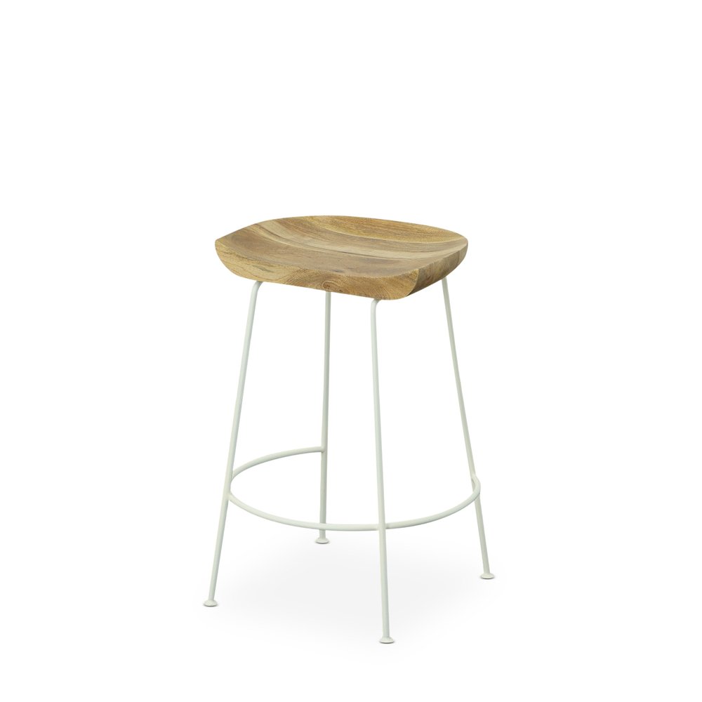 Set of Two 25 Natural and White Solid Wood and Steel Backless Counter Height Bar Chairs