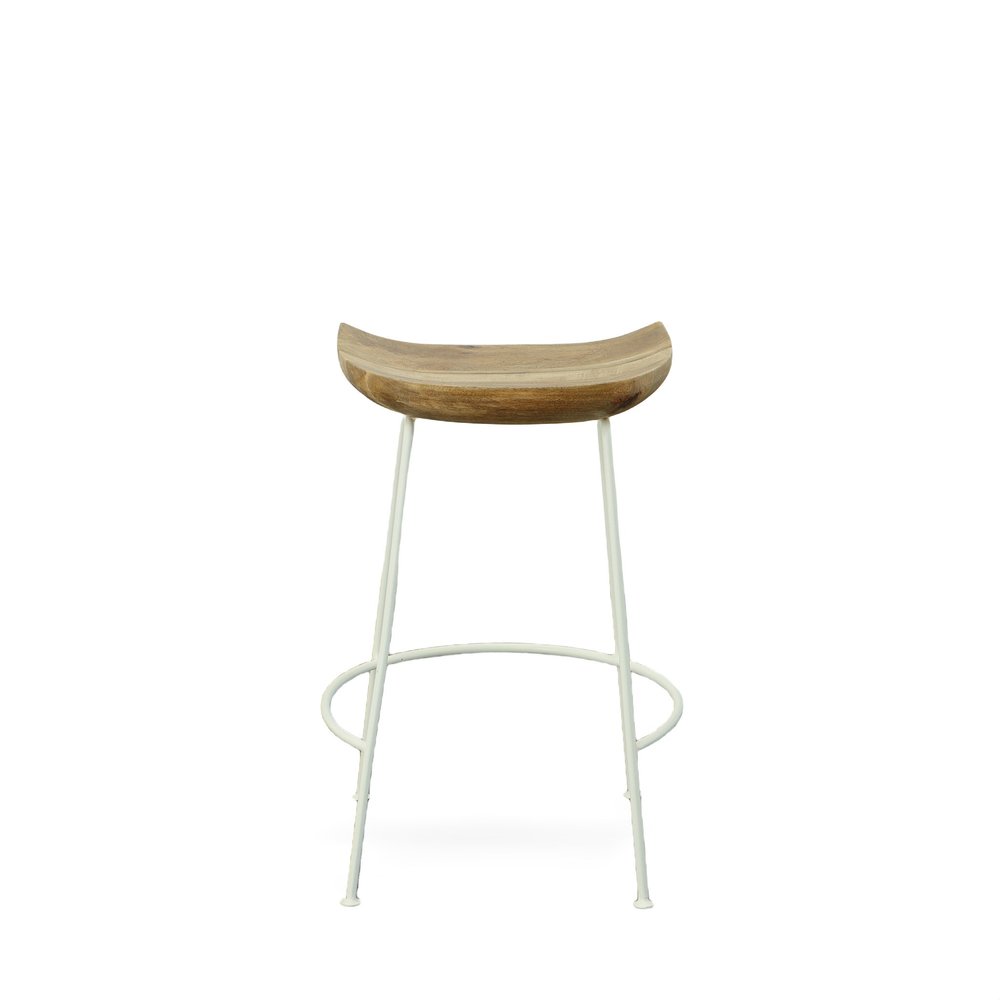 Set of Two 25 Natural and White Solid Wood and Steel Backless Counter Height Bar Chairs