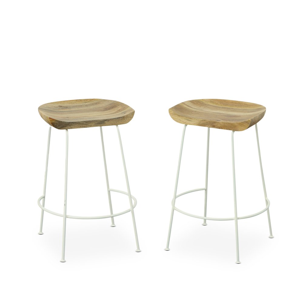 Set of Two 25 Natural and White Solid Wood and Steel Backless Counter Height Bar Chairs