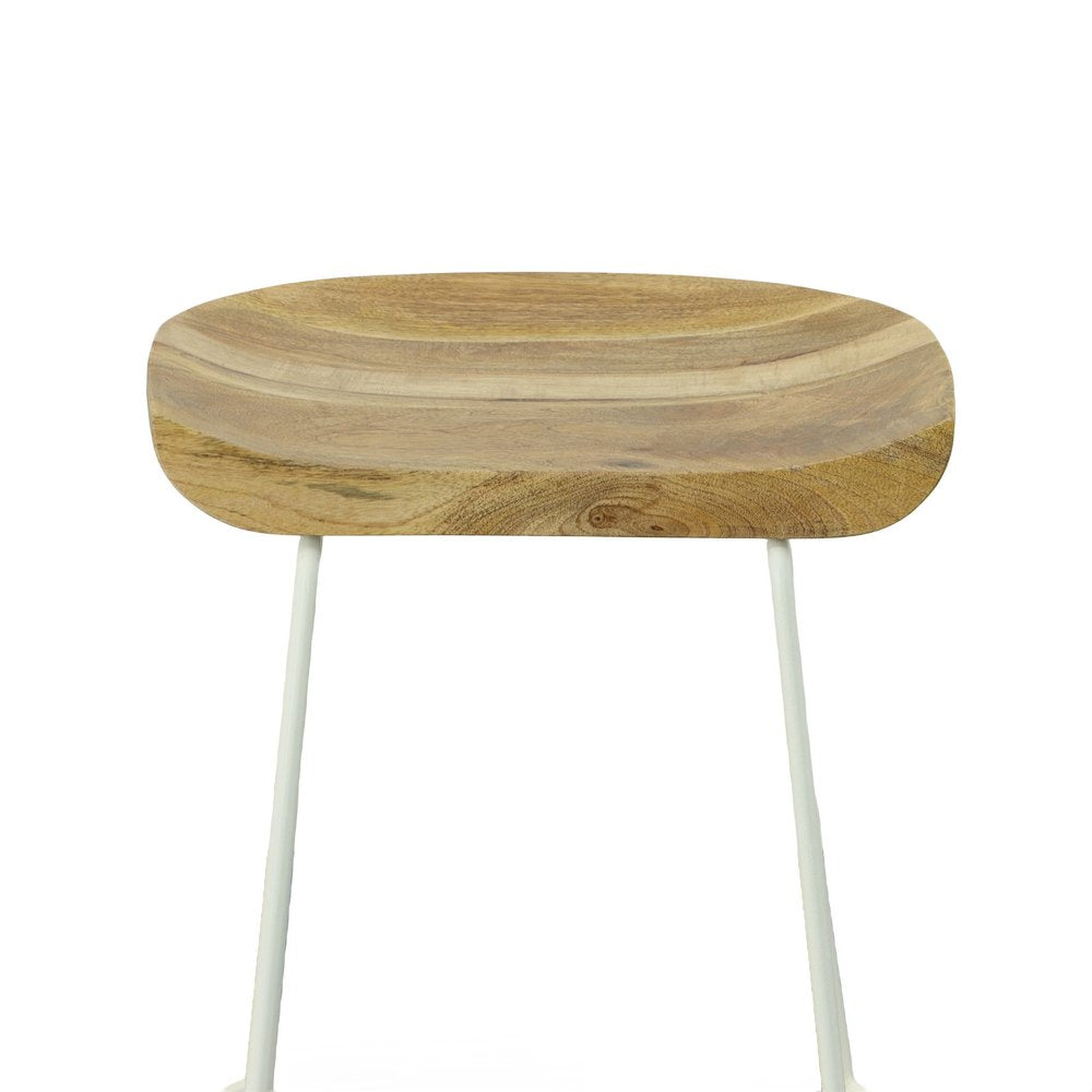 Set of Two 25 Natural and White Solid Wood and Steel Backless Counter Height Bar Chairs