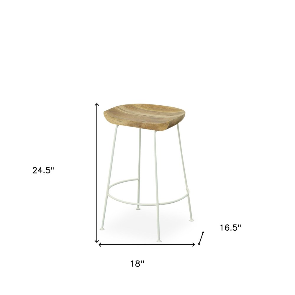 Set of Two 25 Natural and White Solid Wood and Steel Backless Counter Height Bar Chairs