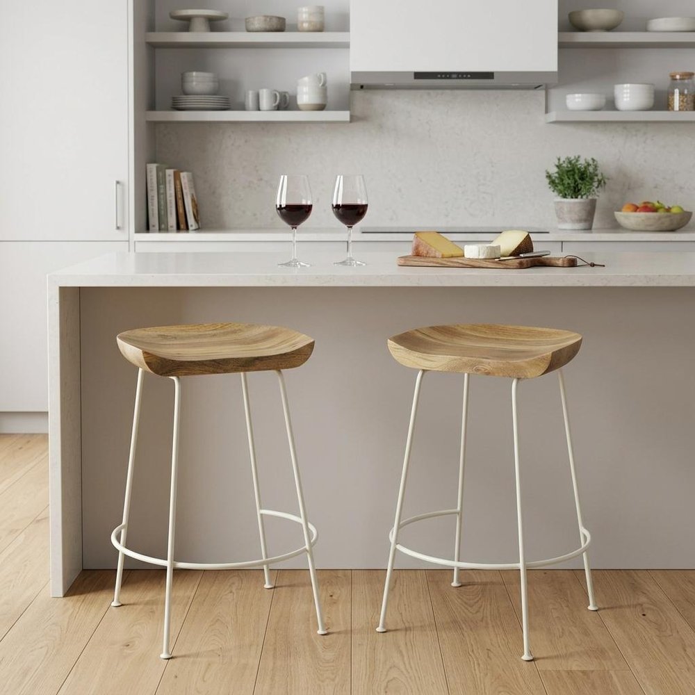 Set of Two 25 Natural and White Solid Wood and Steel Backless Counter Height Bar Chairs