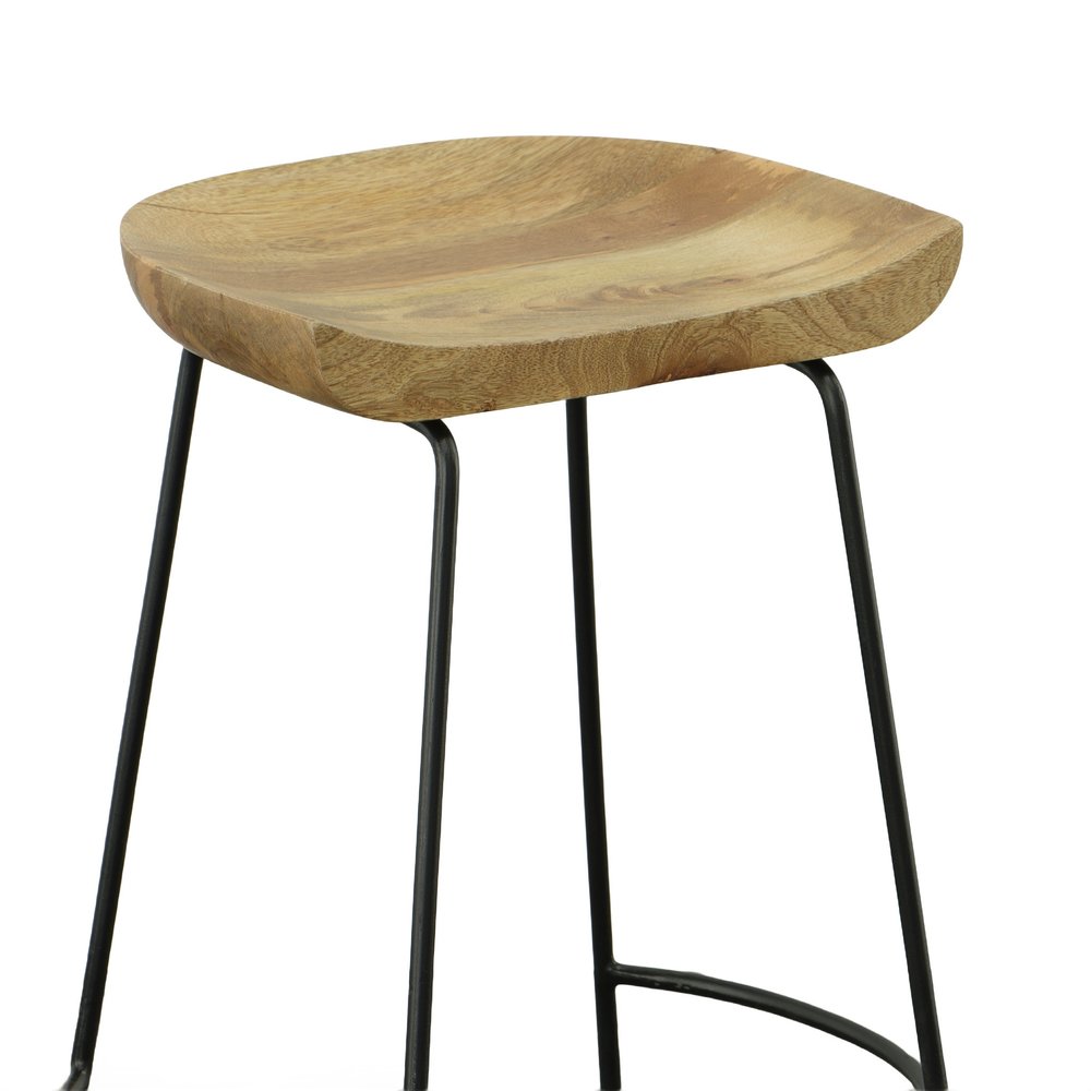 Set of Two 31 Natural and Black Solid Wood and Steel Backless Bar Height Bar Chairs