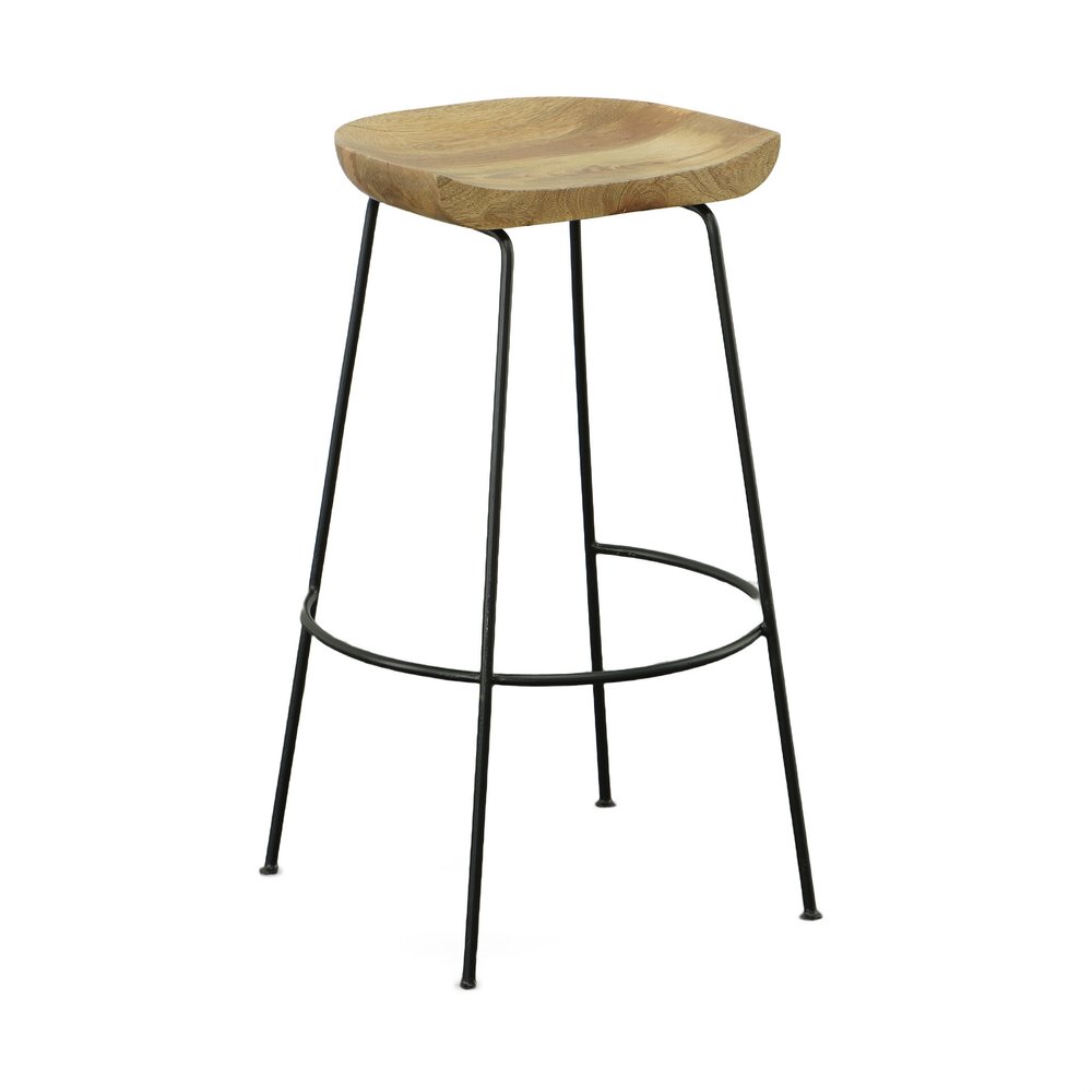 Set of Two 31 Natural and Black Solid Wood and Steel Backless Bar Height Bar Chairs