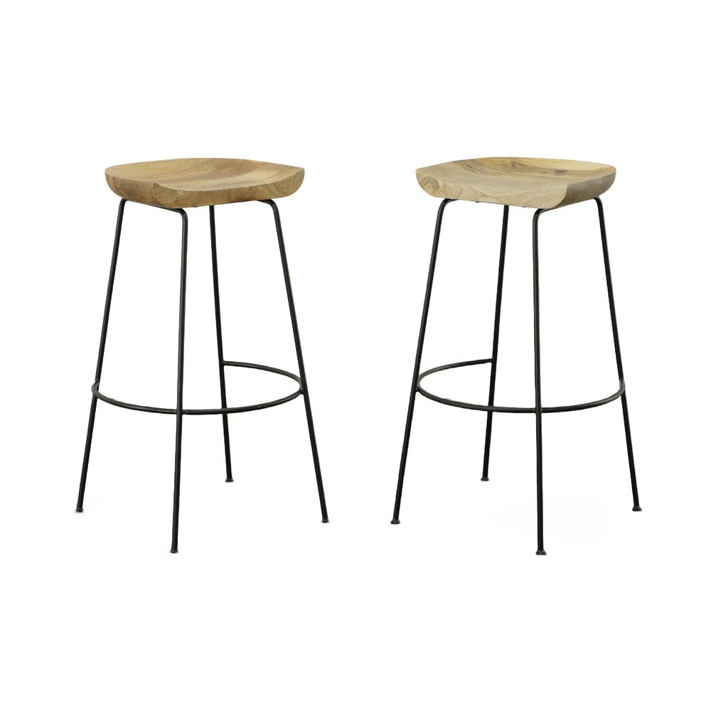 Set of Two 31 Natural and Black Solid Wood and Steel Backless Bar Height Bar Chairs