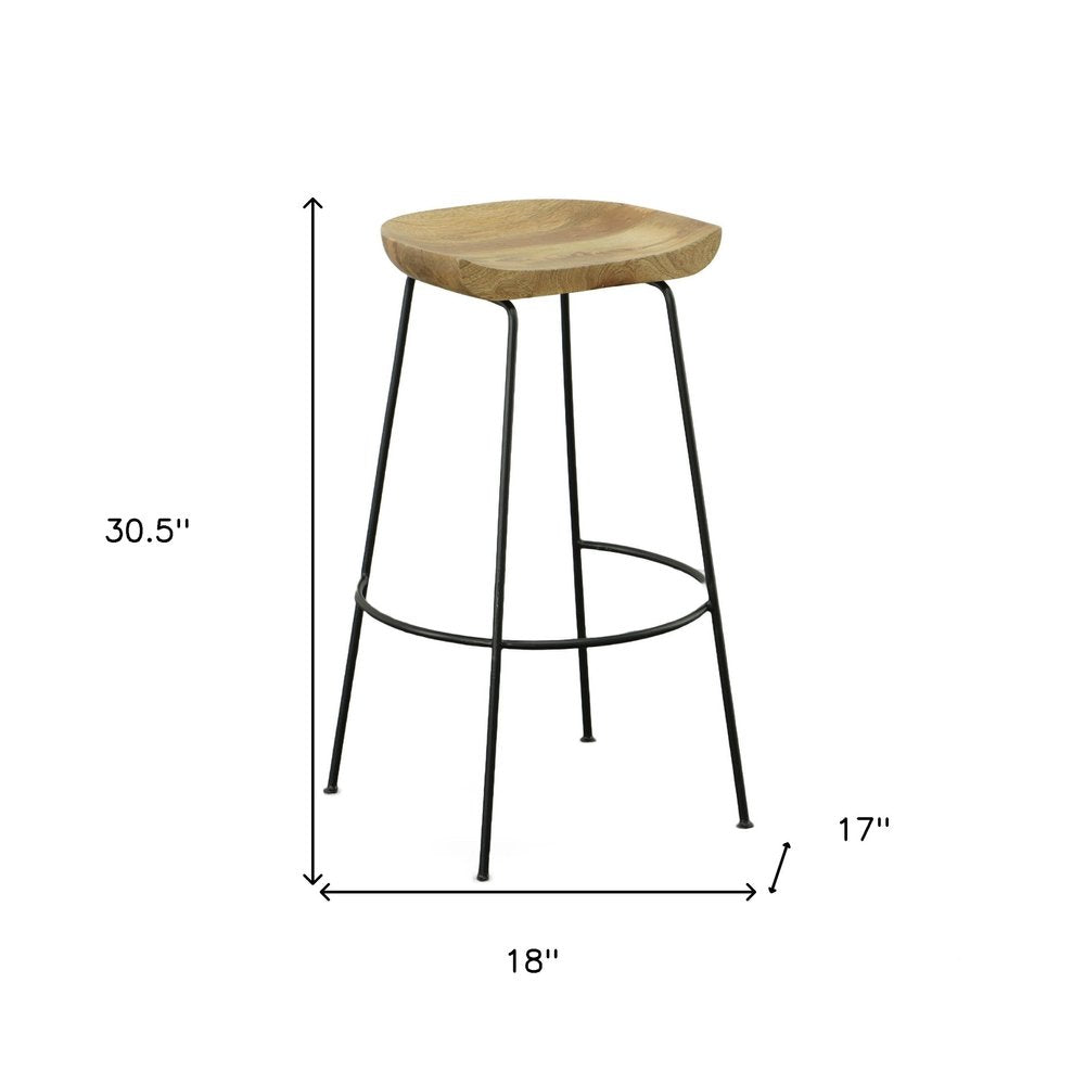 Set of Two 31 Natural and Black Solid Wood and Steel Backless Bar Height Bar Chairs