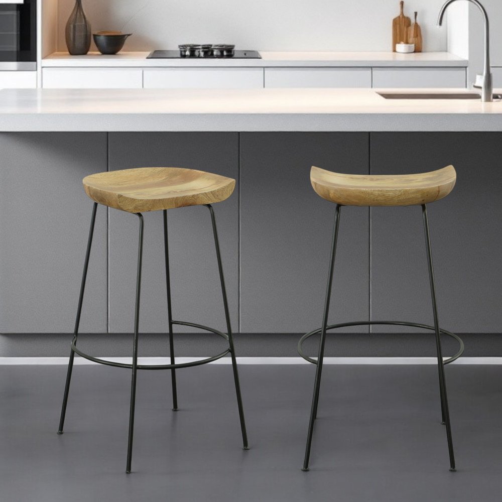 Set of Two 31 Natural and Black Solid Wood and Steel Backless Bar Height Bar Chairs