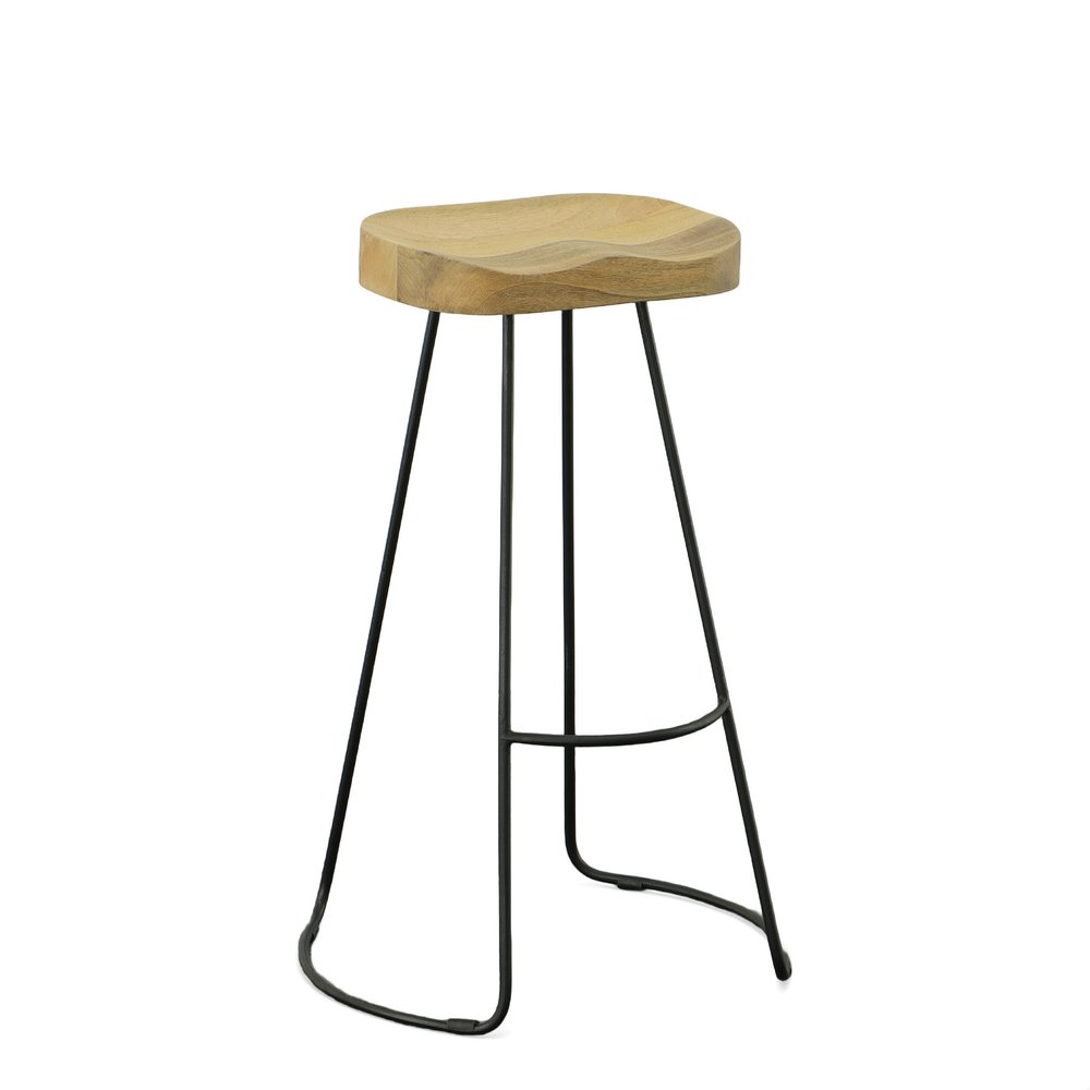 Set of Two 31 Natural and Black Solid Wood and Steel Backless Bar Height Bar Chairs