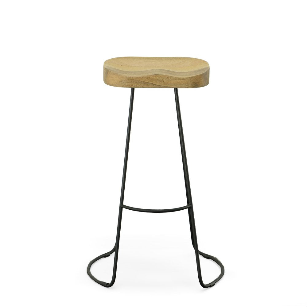 Set of Two 31 Natural and Black Solid Wood and Steel Backless Bar Height Bar Chairs