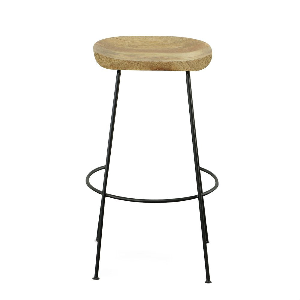 Set of Two 31 Natural and Black Solid Wood and Steel Backless Bar Height Bar Chairs