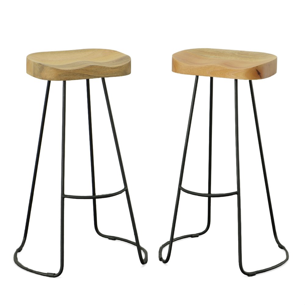 Set of Two 31 Natural and Black Solid Wood and Steel Backless Bar Height Bar Chairs