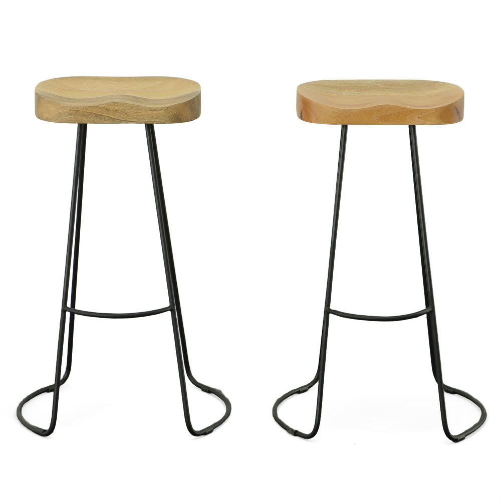 Set of Two 31 Natural and Black Solid Wood and Steel Backless Bar Height Bar Chairs