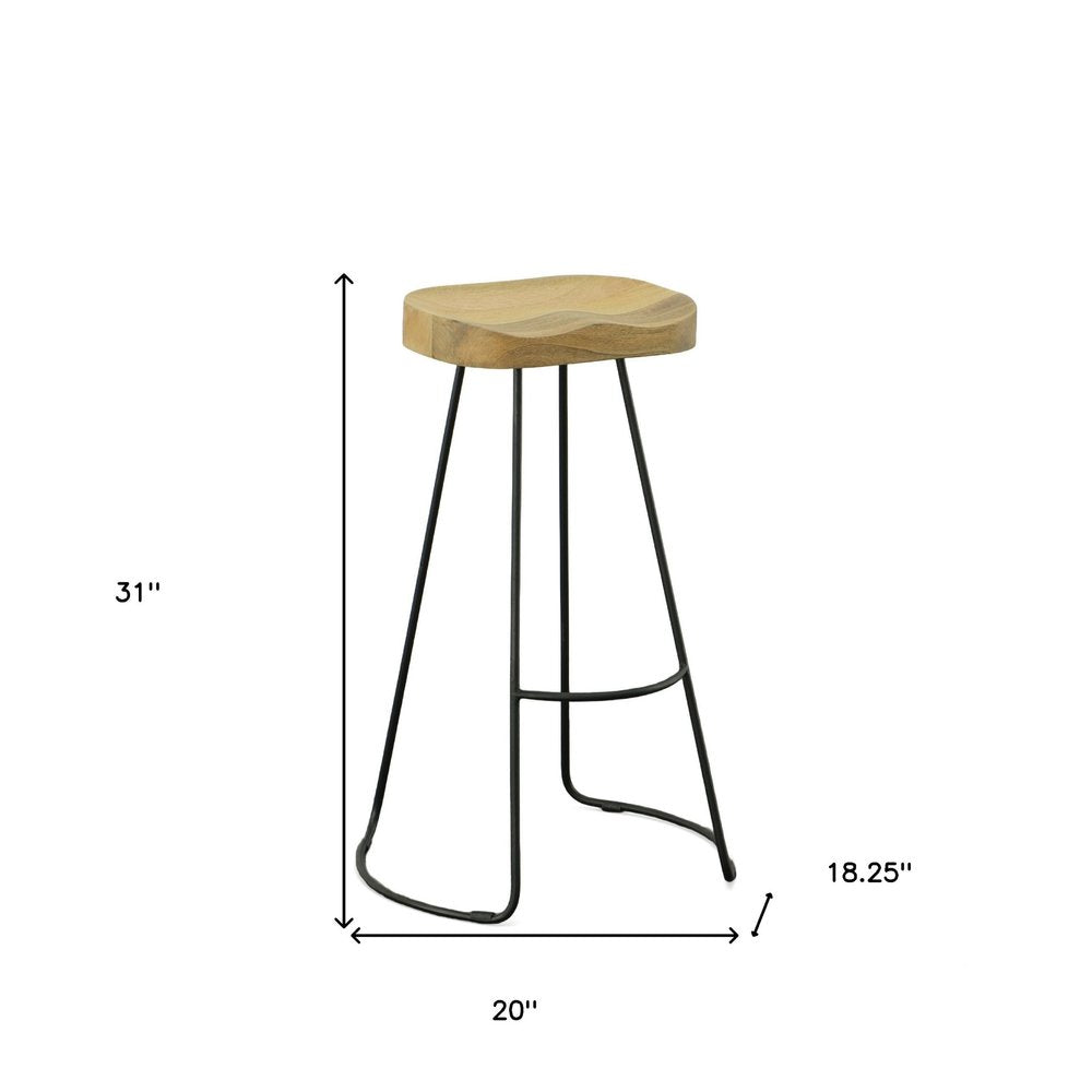 Set of Two 31 Natural and Black Solid Wood and Steel Backless Bar Height Bar Chairs