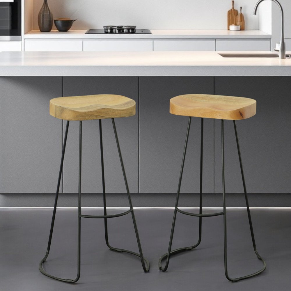 Set of Two 31 Natural and Black Solid Wood and Steel Backless Bar Height Bar Chairs