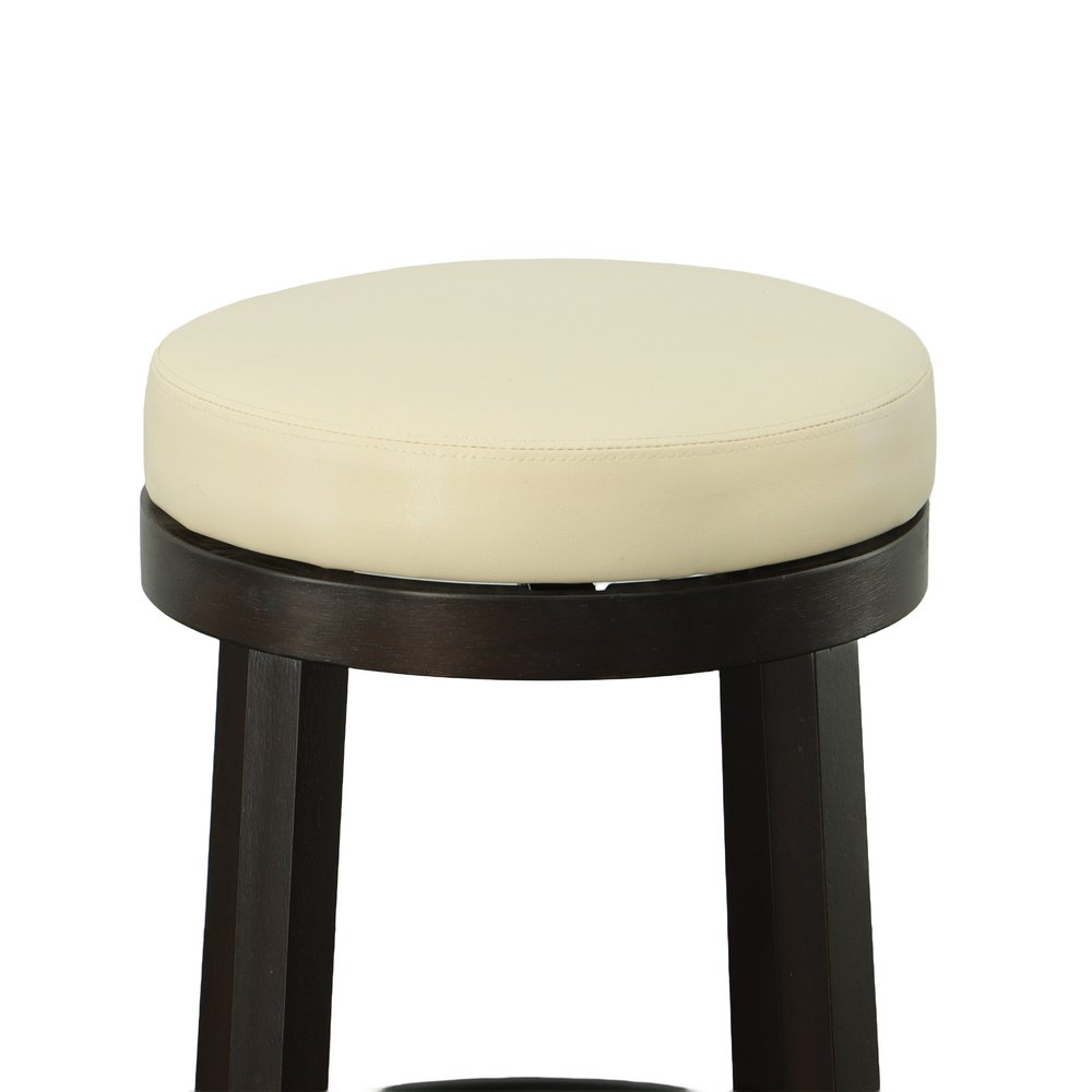 Set of Two 24 Cream and Espresso Faux Leather and Solid Wood Backless Counter Height Swivel Bar Chairs